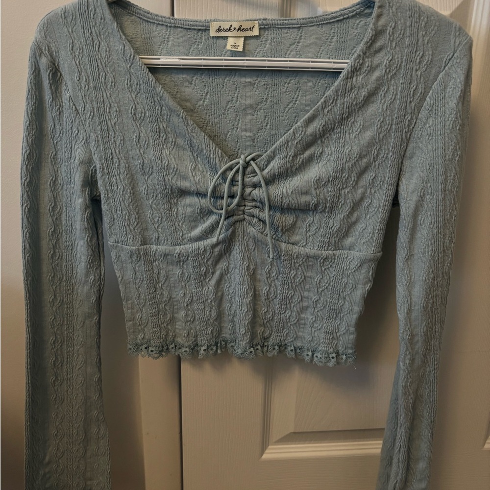 Derek Heart Light Blue Textured Crop Top